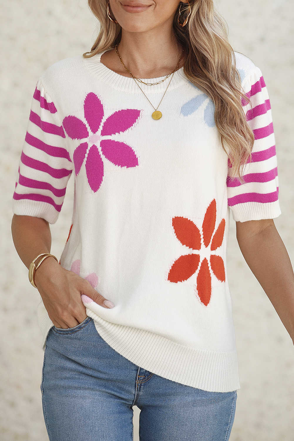 White Colorful Floral Print Striped Sleeve Knitted Tee