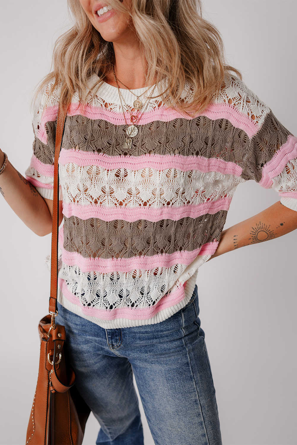 Brown Stripe Color Block Hollow Crochet Sweater