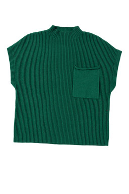 Green Patch Pocket Ribbed Knit Short Sleeve Sweater