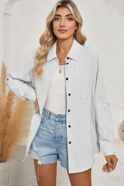 Black Stripe Roll-tab Sleeve Pocketed Tunic Shirt Shacket