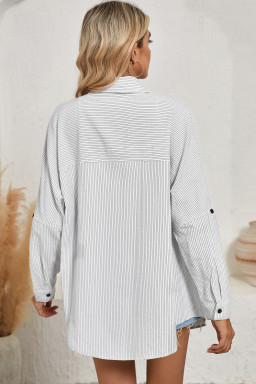 Black Stripe Roll-tab Sleeve Pocketed Tunic Shirt Shacket