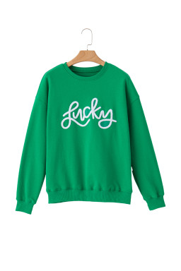 Green Lucky Letter Embroidery Print Drop Sleeve Sweatshirt