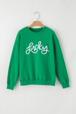 Green Lucky Letter Embroidery Print Drop Sleeve Sweatshirt