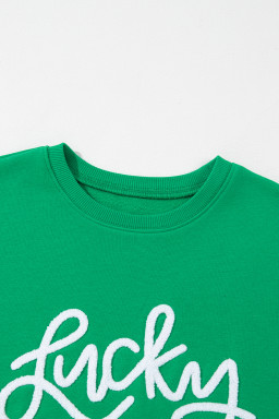 Green Lucky Letter Embroidery Print Drop Sleeve Sweatshirt