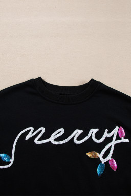 Black Sequin Merry Graphic Pullover and Shorts Set