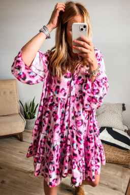 Rose Leopard Button V Neck Pocket Flowy Mini Dress