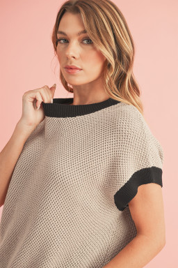 Light Beige Contrast Trim Batwing Sleeve Knitted Top