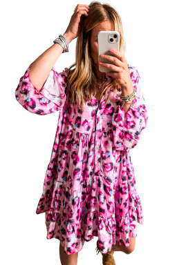 Rose Leopard Button V Neck Pocket Flowy Mini Dress