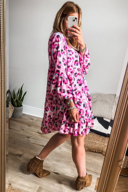 Rose Leopard Button V Neck Pocket Flowy Mini Dress
