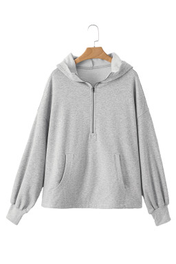 Light Grey Kangaroo Pocket Half Zipper Oversized Hoodie