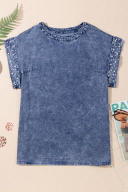 Dusk Blue Acid Wash Pearl Embellishment Round Neck Denim Top