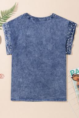 Dusk Blue Acid Wash Pearl Embellishment Round Neck Denim Top