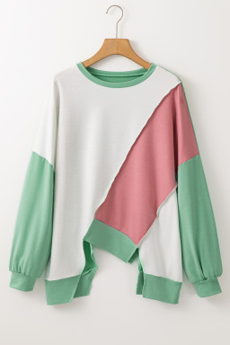 Pink Colorblock Stitching Irregular Hem Long Sleeve Top