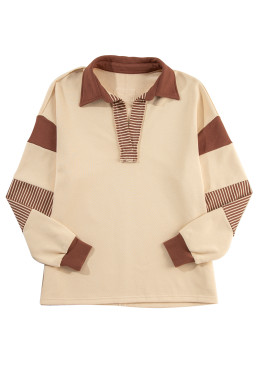 Light French Beige Striped Patchwork Collar Sweatshirt
