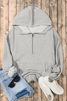 Light Grey Kangaroo Pocket Half Zipper Oversized Hoodie