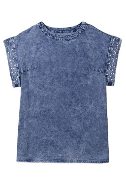 Dusk Blue Acid Wash Pearl Embellishment Round Neck Denim Top