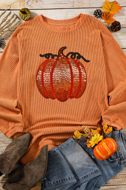 Orange Crinkle Ribbed Halloween Sequin Pumpkin Graphic Sweatshirt