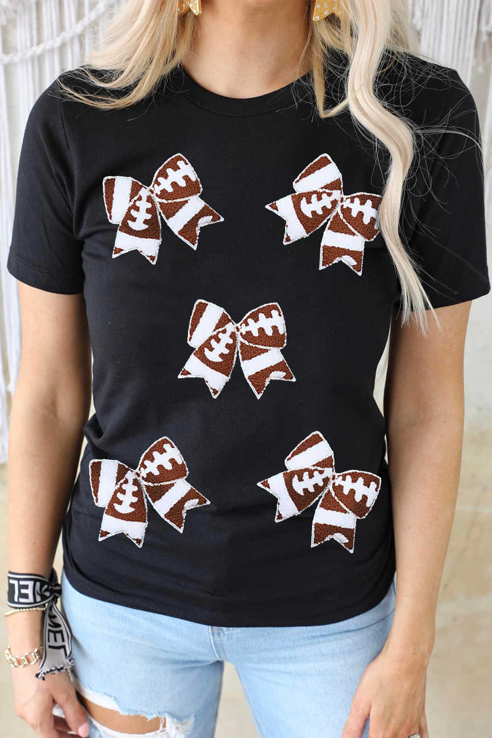 Black Game Day Football Bowknot Graphic T Shirt