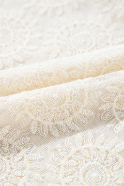 Oatmeal Flower Jacquard Button Back Ruffle 3/4 Sleeve Blouse