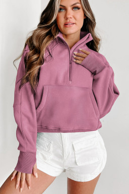 Phalaenopsis Zip Up Stand Collar Ribbed Thumbhole Sleeve Sweatshirt