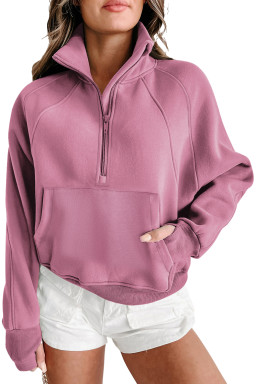 Phalaenopsis Zip Up Stand Collar Ribbed Thumbhole Sleeve Sweatshirt