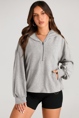 Light Grey Kangaroo Pocket Half Zipper Oversized Hoodie