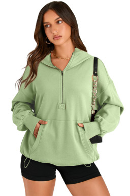 Smoke Green Kangaroo Pocket Half Zipper Oversized Hoodie