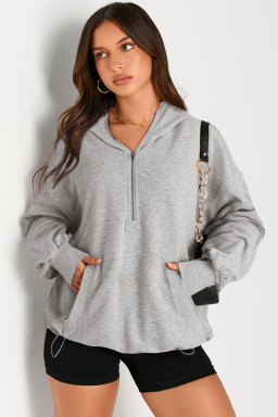 Light Grey Kangaroo Pocket Half Zipper Oversized Hoodie