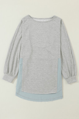 Grey Crinkled Patchwork Raw Hem Oversized Top