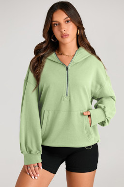 Smoke Green Kangaroo Pocket Half Zipper Oversized Hoodie