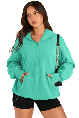 Aruba Blue Kangaroo Pocket Half Zipper Oversized Hoodie