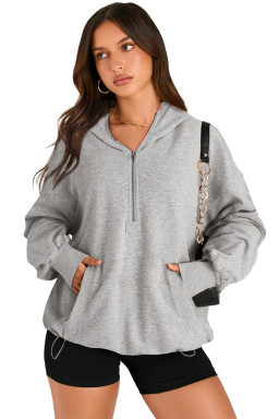 Light Grey Kangaroo Pocket Half Zipper Oversized Hoodie
