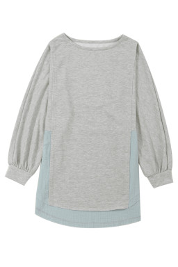 Grey Crinkled Patchwork Raw Hem Oversized Top