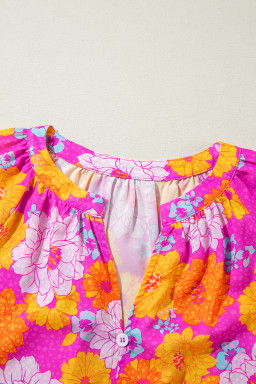 Rose Flower Print V Neck Relaxed Sleeve Blouse