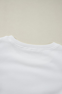 White Plain Checked Puff Sleeve Round Neck Pullover Sweatshirt