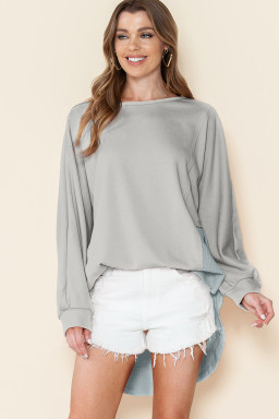 Grey Crinkled Patchwork Raw Hem Oversized Top