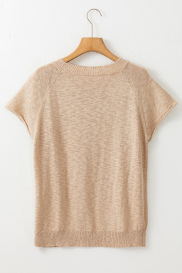 Smoke Gray Round Neck Short Raglan Sleeve Knitted T-shirt