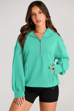 Aruba Blue Kangaroo Pocket Half Zipper Oversized Hoodie