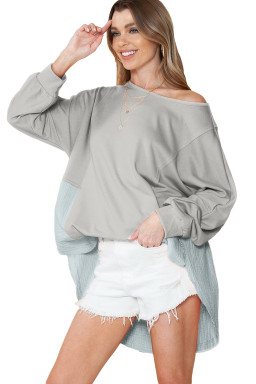 Grey Crinkled Patchwork Raw Hem Oversized Top