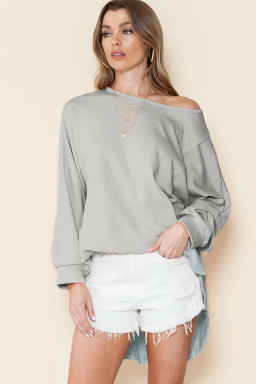 Grey Crinkled Patchwork Raw Hem Oversized Top
