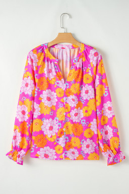 Rose Flower Print V Neck Relaxed Sleeve Blouse