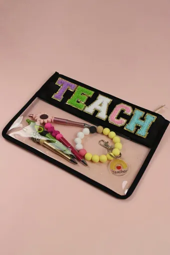 Black TEACH Glitter Chenille Clear PVC Makeup Bag