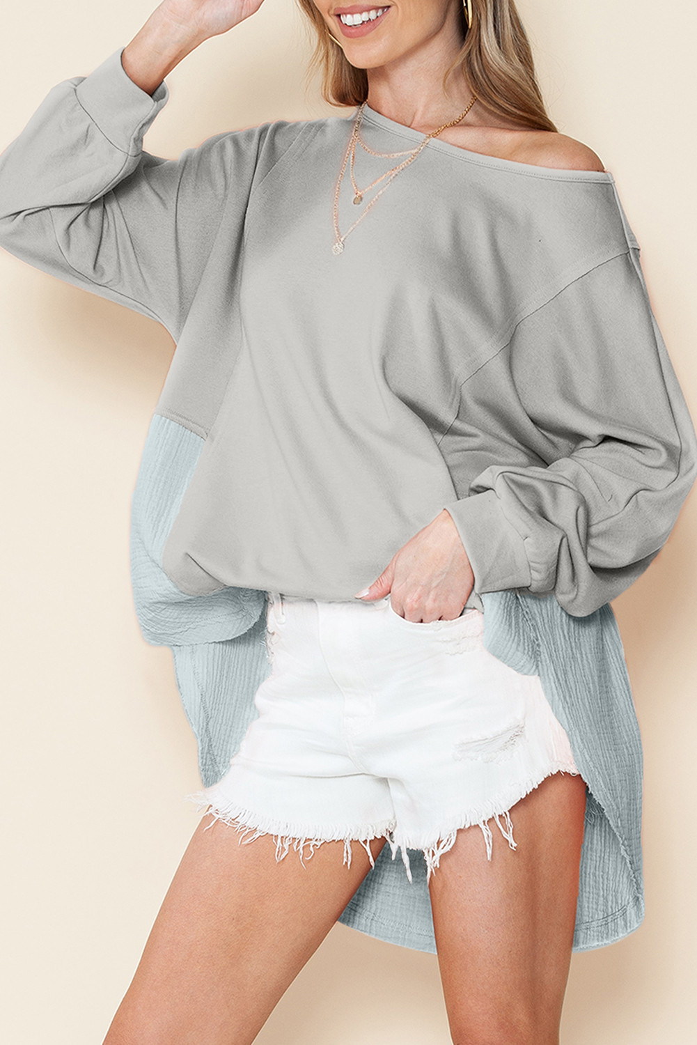 Grey Crinkled Patchwork Raw Hem Oversized Top