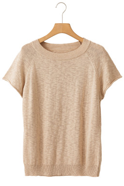 Smoke Gray Round Neck Short Raglan Sleeve Knitted T-shirt