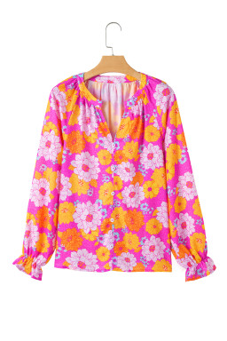 Rose Flower Print V Neck Relaxed Sleeve Blouse