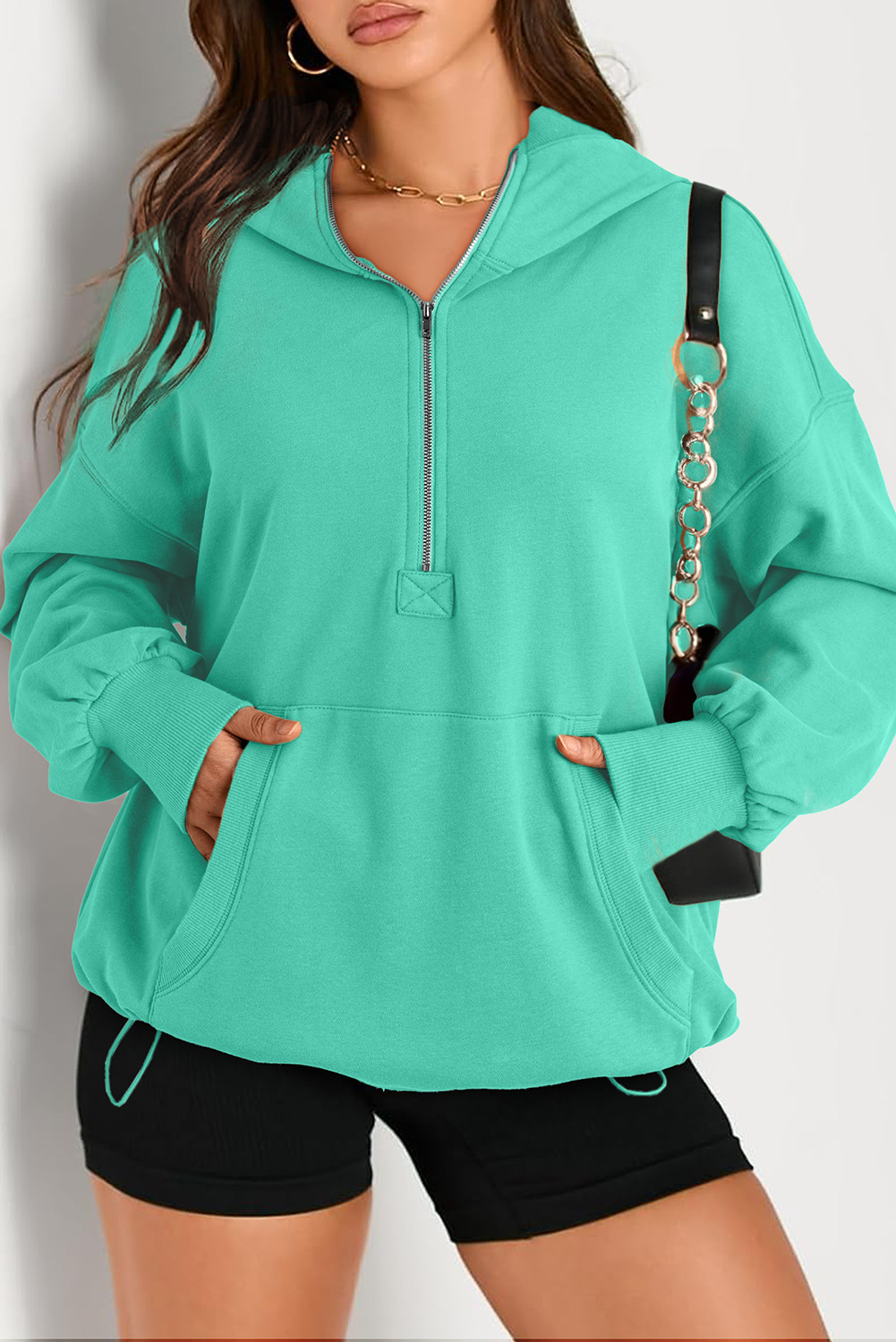 Aruba Blue Kangaroo Pocket Half Zipper Oversized Hoodie