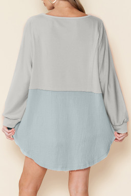 Grey Crinkled Patchwork Raw Hem Oversized Top