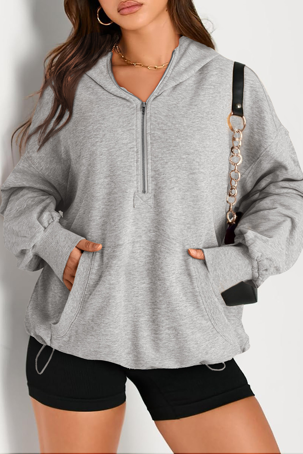 Light Grey Kangaroo Pocket Half Zipper Oversized Hoodie