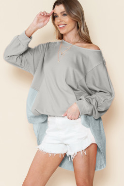 Grey Crinkled Patchwork Raw Hem Oversized Top
