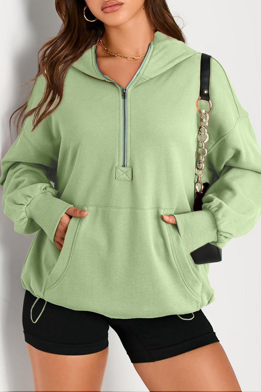 Smoke Green Kangaroo Pocket Half Zipper Oversized Hoodie